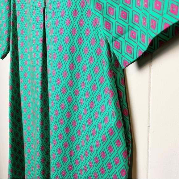 Margot Paris NWT Popover Dress Small 100% cotton green geometric print mod boxy - Picture 2 of 11